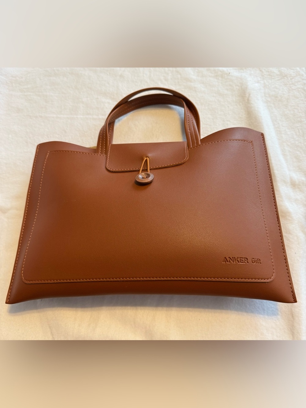 Minimalist Cognac Faux Leather Laptop Sleeve Tote. Portfolio Case 13”